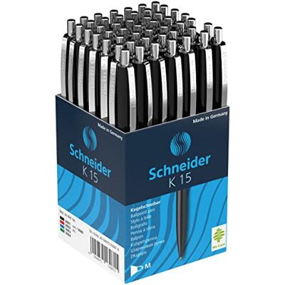 Schneider Kuličkové pero K15, 50 kusů, černé Psací barva: černá, na dokumenty, tloušťka linky M, kovový klip a kovové tlačítko, doplňovací, Made in Germany Schneider Kuličkové pero K15, 50 kusů, černé Psací barva: černá, na dokumenty, tloušťka linky M, kovový klip a kovové tlačítko, doplňovací, Made in Germany