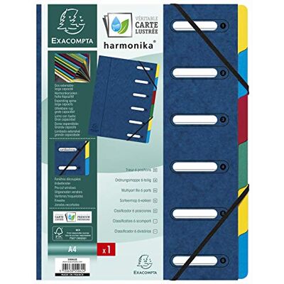 Exacompta 55062E Premium pořadač Harmonika. Z extra silného kartonu Colorspan, DIN A4, 6 přihrádek a 2 gumičky s indexovým okénkem a pružnou zadní stranou, desky s rejstříkem, modrá Exacompta 55062E Premium pořadač Harmonika. Z extra silného kartonu Colorspan, DIN A4, 6 přihrádek a 2 gumičky s indexovým okénkem a pružnou zadní stranou, desky s rejstříkem, modrá