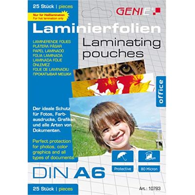 GENIE 10783 Laminierfolien (glasklar; 80 Mikron; Formate bis zu DIN A6; geeignet für alle Heißlaminiergeräte) 25er Pack GENIE 10783 Laminierfolien (glasklar; 80 Mikron; Formate bis zu DIN A6; geeignet für alle Heißlaminiergeräte) 25er Pack