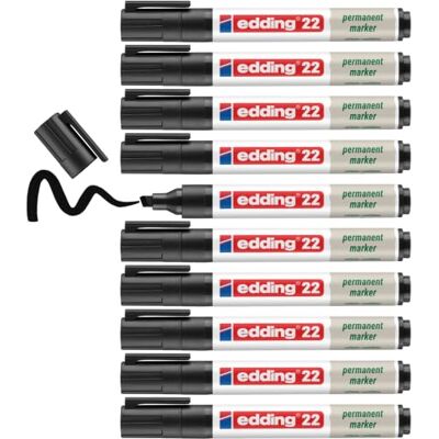edding 22 Permanentmarker – schwarz – 10er-Pack – Keilspitze 1–5 mm Wasserfeste, schnell trocknende, wischfeste Stifte – für Pappe, Kunststoff, Glas, Holz, Metall und Stoff – nachfüllbar edding 22 Permanentmarker – schwarz – 10er-Pack – Keilspitze 1–5 mm Wasserfeste, schnell trocknende, wischfeste Stifte – für Pappe, Kunststoff, Glas, Holz, Metall und Stoff – nachfüllbar