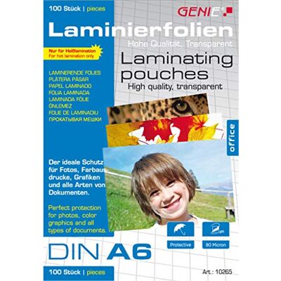 GENIE 10265 Laminierfolien (Glasklar; 80 Mikron für Formate bis zu DIN A6; geeignet für alle Heißlaminiergeräte) 100er Pack GENIE 10265 Laminierfolien (Glasklar; 80 Mikron für Formate bis zu DIN A6; geeignet für alle Heißlaminiergeräte) 100er Pack