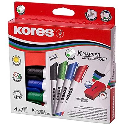 Kores K-Marker XW2: Barevné zvýrazňovače na bílé tabule s klínovým hrotem, lze nasucho setřít a inkoustem téměř bez zápachu, školní a kancelářské potřeby, sada ze 4 tříděných barev + 1 magnetická Kores K-Marker XW2: Barevné zvýrazňovače na bílé tabule s klínovým hrotem, lze nasucho setřít a inkoustem téměř bez zápachu, školní a kancelářské potřeby, sada ze 4 tříděných barev + 1 magnetická