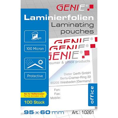 GENIE 10261 laminovací fólie (100 mikronů; až pro formáty vizitek; 95 x 60 mm) balení 100 ks čiré GENIE 10261 laminovací fólie (100 mikronů; až pro formáty vizitek; 95 x 60 mm) balení 100 ks čiré