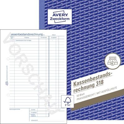 Avery 318 pokladní faktura (A5, 50 listů, zjištění denních příjmů a poklad, testováno právními experty, pro DE/AT, pro řádné účetnictví), bílá Avery 318 pokladní faktura (A5, 50 listů, zjištění denních příjmů a poklad, testováno právními experty, pro DE/AT, pro řádné účetnictví), bílá
