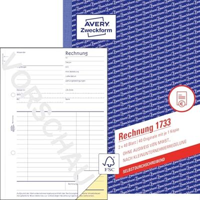 Avery 1733 faktura pro malé podnikatele (A5, 2 x 40 listů, propisující s barevným průrazem, bez dokladu DPH, podle předpisu pro malé podniky) bílá/žlutá Avery 1733 faktura pro malé podnikatele (A5, 2 x 40 listů, propisující s barevným průrazem, bez dokladu DPH, podle předpisu pro malé podniky) bílá/žlutá
