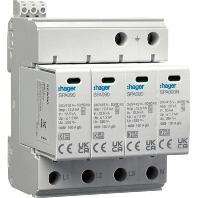 HAGER SPA931 Přepěťová ochrana - Typ 1+2, 4P, 50kA, 1.2kV, TN-S/TT HAGER SPA931 Přepěťová ochrana - Typ 1+2, 4P, 50kA, 1.2kV, TN-S/TT