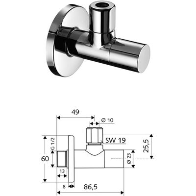 Rohová ventil Schell Stile - Chrom, regulace, kryt 60mm, DN 15 G 1/2, výstup Ø 10mm Rohová ventil Schell Stile - Chrom, regulace, kryt 60mm, DN 15 G 1/2, výstup Ø 10mm