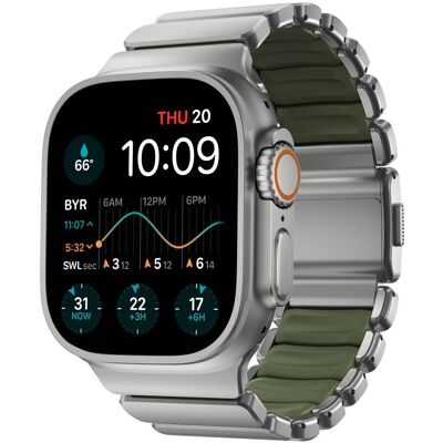 Hybridní řemínek pro Apple Watch 45/46/49 mm Nomad Stratos Band - titanový/zelený Hybridní řemínek pro Apple Watch 45/46/49 mm Nomad Stratos Band - titanový/zelený