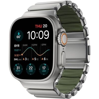 Hybridní řemínek pro Apple Watch 45/46/49 mm Nomad Stratos Band - titanový/zelený Hybridní řemínek pro Apple Watch 45/46/49 mm Nomad Stratos Band - titanový/zelený