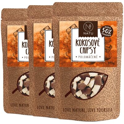 NATU Kokosové chipsy polomáčené 50% hořká čokoláda 3x140g NATU Kokosové chipsy polomáčené 50% hořká čokoláda 3x140g