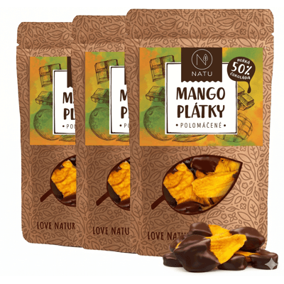 NATU Mango plátky polomáčené 50% hořká čokoláda 3x120g NATU Mango plátky polomáčené 50% hořká čokoláda 3x120g