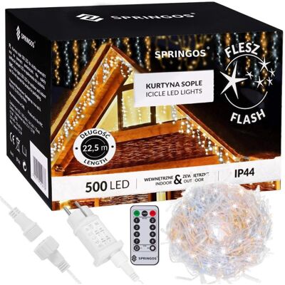 Springos LED krápníky - 22,5m, 500LED, 8 funkcí, ovladač, časovač, IP44, duální bílá Springos LED krápníky - 22,5m, 500LED, 8 funkcí, ovladač, časovač, IP44, duální bílá