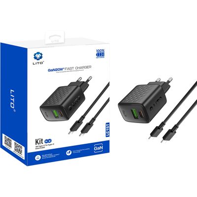 Lito Wall Charger LC15T s kabelem Type-C Type-C USB výstup PD20W GaN PC nehořlavý EU zástrčka černý Lito Wall Charger LC15T s kabelem Type-C Type-C USB výstup PD20W GaN PC nehořlavý EU zástrčka černý