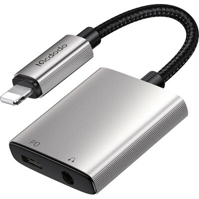 Mcdodo - audio adaptér řady Wales (CA-5540) - Lightning na Lightning, DC 3,5 mm, hliníková slitina, nylon, 5V/2A, 12,5 cm - šedá Mcdodo - audio adaptér řady Wales (CA-5540) - Lightning na Lightning, DC 3,5 mm, hliníková slitina, nylon, 5V/2A, 12,5 cm - šedá