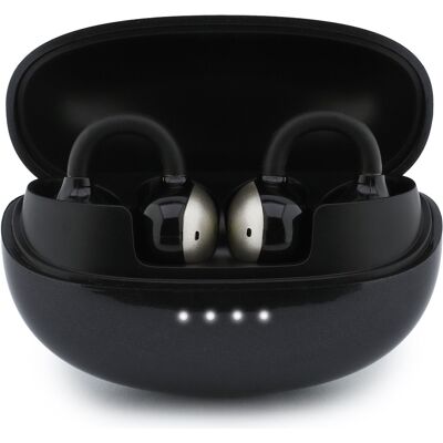 Guess bezdrátová otevřená sluchátka OWS Classic s metalickým povrchem a pokovenými prvky Bluetooth 5.4 a baterií 300 mAh černá Guess bezdrátová otevřená sluchátka OWS Classic s metalickým povrchem a pokovenými prvky Bluetooth 5.4 a baterií 300 mAh černá