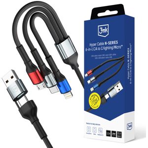 Kabel 3mk Data Cable Hyper N-Series 6in1 - USB-C/USB Male, USB-C Female to USB-C, Lightning, Micro, 18W, 9V/2A, 1.2m černý Kabel 3mk Data Cable Hyper N-Series 6in1 - USB-C/USB Male, USB-C Female to USB-C, Lightning, Micro, 18W, 9V/2A, 1.2m černý