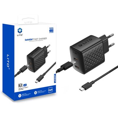 Lito Wall Charger LC22T s kabelem Type-C 2x Type-C výstup PD45W GaN EU zástrčka 1m černá Lito Wall Charger LC22T s kabelem Type-C 2x Type-C výstup PD45W GaN EU zástrčka 1m černá