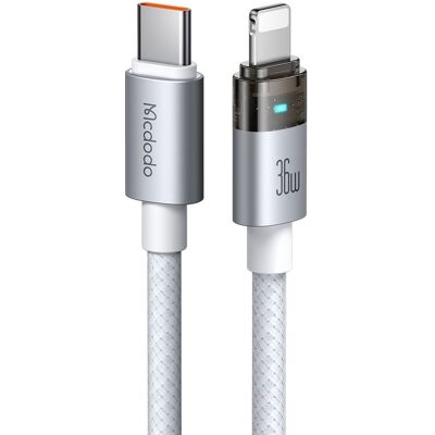 Mcdodo – datový kabel (CA-6942) – s nabíjecím světlem, USB-C na Lightning, průhledný kabel, 36W, 1,2m – bílý Mcdodo – datový kabel (CA-6942) – s nabíjecím světlem, USB-C na Lightning, průhledný kabel, 36W, 1,2m – bílý