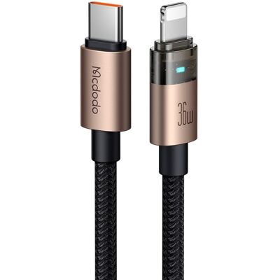 Mcdodo – datový kabel (CA-6941) – s nabíjecím světlem, USB-C na Lightning, průhledný kabel, 36W, 1,2m – Desert Gold Mcdodo – datový kabel (CA-6941) – s nabíjecím světlem, USB-C na Lightning, průhledný kabel, 36W, 1,2m – Desert Gold