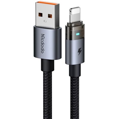 Mcdodo – datový kabel (CA-6910) – s nabíjecím světlem, USB-A na Lightning, průhledný kabel, 3A, 1,2m – černý Mcdodo – datový kabel (CA-6910) – s nabíjecím světlem, USB-A na Lightning, průhledný kabel, 3A, 1,2m – černý