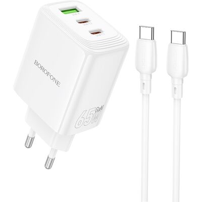 Nabíječka Borofone BN32 Cargador GaN – USB + 2xType C – QC 3.0 PD 65W s Type C na Type C bílá Nabíječka Borofone BN32 Cargador GaN – USB + 2xType C – QC 3.0 PD 65W s Type C na Type C bílá