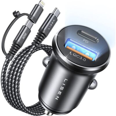 Lisen - nabíječka do auta (YL0223080035) - USB, Type-C, s 3v1 kabelem Type-C/Lightning to Type-C, 12V/24V - černá Lisen - nabíječka do auta (YL0223080035) - USB, Type-C, s 3v1 kabelem Type-C/Lightning to Type-C, 12V/24V - černá