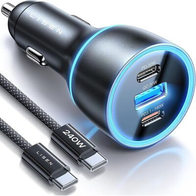 Lisen - nabíječka do auta (YL0224010001) - s kabelem Type-C, USB-A, Type-C, 170 W, GaN, hliníková slitina, 12/24 V, 1 m - černá Lisen - nabíječka do auta (YL0224010001) - s kabelem Type-C, USB-A, Type-C, 170 W, GaN, hliníková slitina, 12/24 V, 1 m - černá