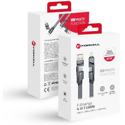 Kabel 4in1 USB-C/ USB-A na USB-C/ Lightning Forcell F-Energy QC PD 3A 60W 1 m C241 chrome Kabel 4in1 USB-C/ USB-A na USB-C/ Lightning Forcell F-Energy QC PD 3A 60W 1 m C241 chrome