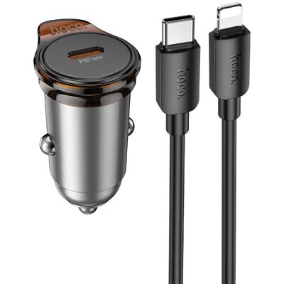 Nabíječka do auta Hoco USB-C QC PD 30W + kabel USB-C na Lightning NZ16 metal šedá Nabíječka do auta Hoco USB-C QC PD 30W + kabel USB-C na Lightning NZ16 metal šedá