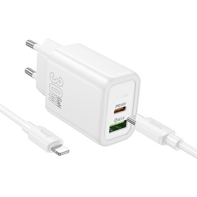 Síťová nabíječka Hoco USB-A + USB-C QC3.0 PD 3A 30W + kabel USB-C na Lightning N63 bílá Síťová nabíječka Hoco USB-A + USB-C QC3.0 PD 3A 30W + kabel USB-C na Lightning N63 bílá