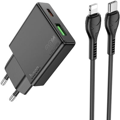 Síťová nabíječka Hoco Slim USB-A + USB-C QC3.0 PD 3A 20W + kabel USB-C na Lightning N38 černá Síťová nabíječka Hoco Slim USB-A + USB-C QC3.0 PD 3A 20W + kabel USB-C na Lightning N38 černá