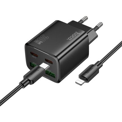 Síťová nabíječka Hoco 2 x USB-C + 2 x USB-A QC3.0 PD 3A 30W + kabel USB-C na Lightning N56 černá Síťová nabíječka Hoco 2 x USB-C + 2 x USB-A QC3.0 PD 3A 30W + kabel USB-C na Lightning N56 černá