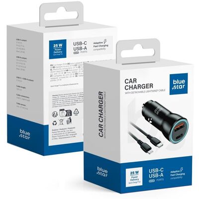 Blue Star nabíječka do auta USB-C a USB-A QC3.0 PD AFC PPS 3A 25W s kabelem USB-C / Lightning černá Blue Star nabíječka do auta USB-C a USB-A QC3.0 PD AFC PPS 3A 25W s kabelem USB-C / Lightning černá