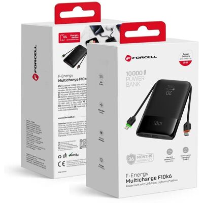 Powerbanka Forcell F-Energy F10k6 Multicharge s kabely USB-C a Lightning PD QC3.0 3A 22.5W 10000 mAh černá Powerbanka Forcell F-Energy F10k6 Multicharge s kabely USB-C a Lightning PD QC3.0 3A 22.5W 10000 mAh černá