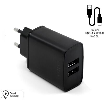 Set síťové nabíječky FIXED s 2xUSB výstupem a USB/USB-C kabelu, 1 metr, 15W Smart Rapid Charge, černá Set síťové nabíječky FIXED s 2xUSB výstupem a USB/USB-C kabelu, 1 metr, 15W Smart Rapid Charge, černá
