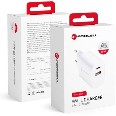 Cestovní adaptér Forcell s funkcí rychlonabíjení Dual 30W bílý Cestovní adaptér Forcell s funkcí rychlonabíjení Dual 30W bílý