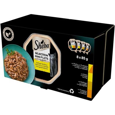 SHEBA Selection tác drůbeží příchutě 8x85 g v omáčce s kuřecím a krůtím masem, kuřecím masem, drůbeží, krůtím masem SHEBA Selection tác drůbeží příchutě 8x85 g v omáčce s kuřecím a krůtím masem, kuřecím masem, drůbeží, krůtím masem