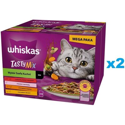 WHISKAS Adult Tasty Mix Výběr šéfkuchaře v omáčce, 48 × 85 g, kousky s hovězím masem, lososem, kuřecím masem a krůtím masem, kuřecím masem a treskou pro dospělé kočky WHISKAS Adult Tasty Mix Výběr šéfkuchaře v omáčce, 48 × 85 g, kousky s hovězím masem, lososem, kuřecím masem a krůtím masem, kuřecím masem a treskou pro dospělé kočky