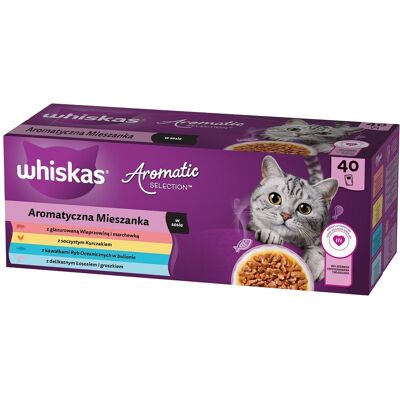 WHISKAS Adult Aromatická směs kapsičky 40x85 g mokrá kompletní krmiva pro dospělé kočky v omáčce kousky s glazovaným vepřovým masem a mrkví, šťavnatým kuřetem, s kousky oceánských ryb v vývaru, jemným lososem a hráškem WHISKAS Adult Aromatická směs kapsičky 40x85 g mokrá kompletní krmiva pro dospělé kočky v omáčce kousky s glazovaným vepřovým masem a mrkví, šťavnatým kuřetem, s kousky oceánských ryb v vývaru, jemným lososem a hráškem