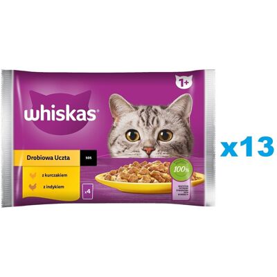 WHISKAS Adult sáček 52×85 g Drůbeží hostina mokré krmivo pro dospělé kočky v omáčce s: kuřecím masem, krůtím masem WHISKAS Adult sáček 52×85 g Drůbeží hostina mokré krmivo pro dospělé kočky v omáčce s: kuřecím masem, krůtím masem