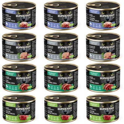 Super RAFI Cat Mix 4 Chutě 12x185g konzervy pro kočky Super RAFI Cat Mix 4 Chutě 12x185g konzervy pro kočky