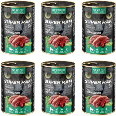 Super RAFI Cat s husím masem a krůtími játry 6x400g konzervy pro kastrované kočky Super RAFI Cat s husím masem a krůtími játry 6x400g konzervy pro kastrované kočky