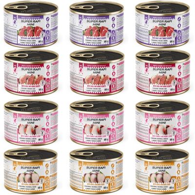 Super RAFI Mini Mix 4 Chutě 12x185g konzervy pro psy malých plemen Super RAFI Mini Mix 4 Chutě 12x185g konzervy pro psy malých plemen