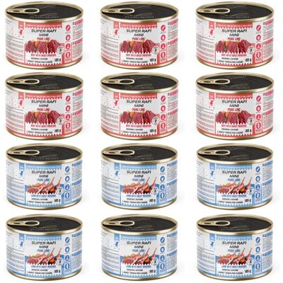 Super RAFI Mini Pure Line mix 2 příchutí s batáty 12x185g konzervy pro psy malých plemen Super RAFI Mini Pure Line mix 2 příchutí s batáty 12x185g konzervy pro psy malých plemen