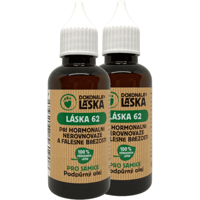 Dokonalá láska LÁSKA 62 Při hormonální nerovnováze a falešné březosti pro samice 100 ml Dokonalá láska LÁSKA 62 Při hormonální nerovnováze a falešné březosti pro samice 100 ml