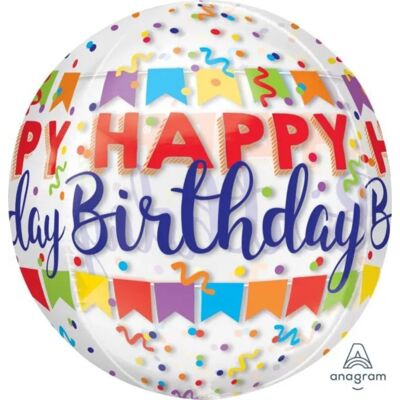 Anagram Foliový balonek koule Orbz průhledná Happy Birthday 40 cm Anagram Foliový balonek koule Orbz průhledná Happy Birthday 40 cm