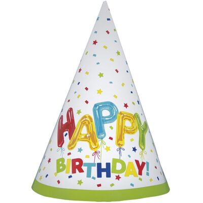 Unique Papírové čepičky Happy Birthday s balónky 16 cm – 8 ks Unique Papírové čepičky Happy Birthday s balónky 16 cm – 8 ks