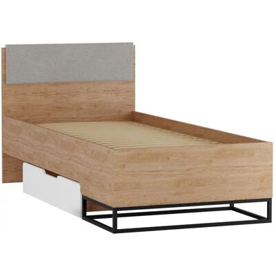Jednolůžková postel s úložným prostorem 90x200 FABENS - ořech hickory / matná bílá / šedá Jednolůžková postel s úložným prostorem 90x200 FABENS - ořech hickory / matná bílá / šedá