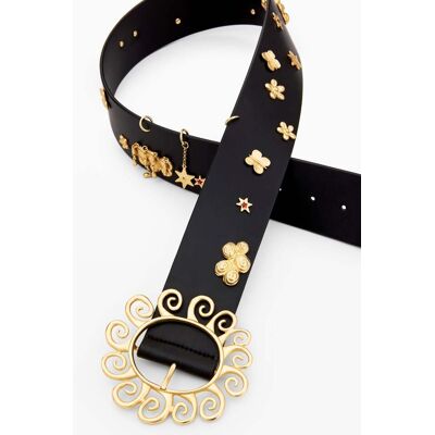 Desigual, Kožený pásek s hvězdami, Cow Leather, ČErná, 85 Desigual, Kožený pásek s hvězdami, Cow Leather, ČErná, 85