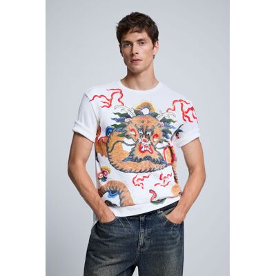 Desigual, Tričko s potiskem draka, PáNské, Bavlna, BíLá, XL Desigual, Tričko s potiskem draka, PáNské, Bavlna, BíLá, XL